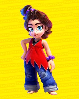1girl aged_down arm_at_side armpit_crease bare_shoulders barefoot blue_eyes bracelet brown_hair child clenched_hand curtained_hair denim donkey_kong_(series) donkey_kong_bananza eyelashes feet female_focus fingernails flat_chest freckles full_body hair_intakes hair_ornament hand_on_own_hip highres jeans jewelry lips looking_at_viewer medium_hair neck nintendo official_art pants pants_rolled_up parted_bangs pauline_(mario) pauline_(young)_(mario) shirt side_ponytail sleeveless sleeveless_shirt smile standing thick_eyebrows toenails toes tomboy torn_clothes torn_pants v-neck yellow_background