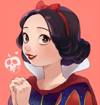 1girl apple black_hair bow dress food fruit hair_bow looking_at_viewer open_mouth pano_(mohayayamai) princess puff_and_slash_sleeves puffy_short_sleeves puffy_sleeves short_hair short_sleeves smile snow_white_(disney) snow_white_and_the_seven_dwarfs_(disney) solo