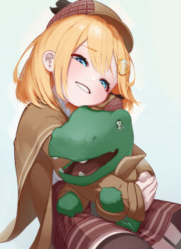 1girl appleblossomtea black_thighhighs blonde_hair blue_eyes brown_coat brown_hat brown_skirt bubba_(watson_amelia) coat deerstalker grin hat highres hololive hololive_english hug investigator_(watson_amelia) skirt smile tearing_up thighhighs virtual_youtuber watson_amelia