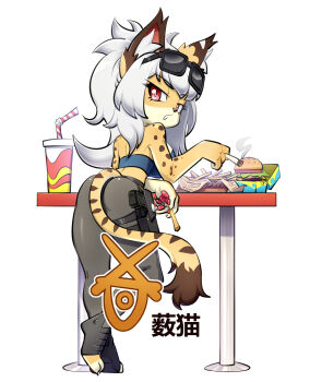 1girl absurdres animal_ears animal_hands ass bilingual_commentary blue_tube_top breasts burger cat_ears cat_girl cat_tail chinese_commentary cigar commentary_request commission cup eyewear_on_head food french_fries furry furry_female grey_pants high_ponytail highres holding holding_cigar jitome long_hair mixed-language_commentary original pants pawpads ponytail receipt red_eyes sideboob simple_background solo strapless sunglasses table tail thick_lineart tube_top white_background xuao2000