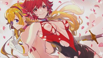 >:) 2girls armband armpits back-to-back bare_shoulders blonde_hair blue_eyes breasts brown_eyes choker cleavage_cutout clothing_cutout cutie_honey cutie_honey_(character) cutie_honey_universe dual_persona earrings eyelashes gloves heart heart_choker jewelry kisaragi_honey long_hair looking_at_viewer magical_girl medium_breasts multiple_girls nipples nude official_art petals polka_dot red_hair shirabi sidelocks skin_tight sleeveless smile sparkle sword topless_female torn_clothes v-shaped_eyebrows very_long_hair weapon