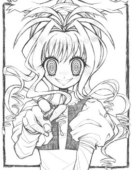 Rule 34 | 1girl, @ @, border, commentary, crazy eyes, dress, eleanor (ohmyeleanor), english commentary, facing viewer, greyscale, hair intakes, highres, holding, holding pen, hunter x hunter, long hair, long sleeves, looking at viewer, monochrome, neon nostrade, pen, smile, solo, teeth, traditional media, upper body, very long hair, vest