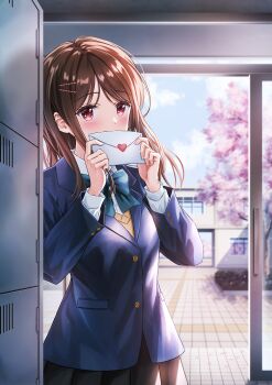 1girl black_skirt blazer blue_bow blue_bowtie blue_jacket blue_sky blush bow bowtie brown_eyes brown_hair brown_sweater cherry_blossoms cloud collared_shirt commentary_request covering_own_mouth cowboy_shot dot_nose envelope falling_petals hair_ornament hairclip hands_up highres holding holding_envelope holding_letter indoors jacket letter locker long_hair long_sleeves looking_at_viewer love_letter open_door original petals pleated_skirt rapnit revision school school_uniform shirt skirt sky sliding_doors solo sweater tree white_shirt
