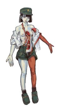 absurdres black_eyes black_hair blood bone breasts colored_skin ena:_dream_bbq ena_(dream_bbq) ena_(series) exhausted female_pubic_hair full_body guro hat heart highres hole_on_body mossacannibalis nipples open_clothes open_mouth organs pubic_hair red_skin shirt short_hair shorts small_breasts undressing white_background white_shirt white_skin