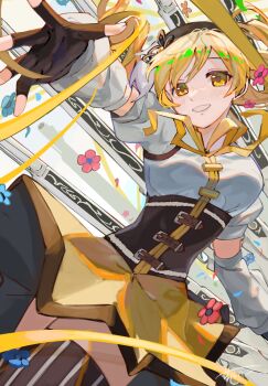 1girl black_corset black_gloves black_thighhighs blonde_hair clenched_teeth corset detached_sleeves drill_hair fingerless_gloves flower gloves gun magical_musket_(madoka_magica) mahou_shoujo_madoka_magica mahou_shoujo_madoka_magica_(anime) rnp_02 skirt solo striped_clothes striped_thighhighs teeth thighhighs tomoe_mami tomoe_mami_(magical_girl) twin_drills vertical-striped_clothes vertical-striped_thighhighs weapon yellow_eyes yellow_skirt