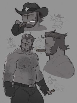 arm_hair bara beard belly belt belt_buckle black_gloves buckle bulge chest_hair cigar cowboy_hat cowboy_shot creedei cropped_shoulders doodle_inset facial_hair facial_mark finger_gun gloves grey_background hair_slicked_back hat highres holding holding_cigar large_pectorals madness_combat male_focus mature_male multiple_views muscular muscular_arms muscular_male navel_hair nipples no_eyes notice_lines partially_fingerless_gloves pectorals simple_background smoke smoking strongman_waist the_sheriff_(madness_combat) topless_male