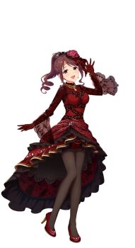 Rule 34 | 1girl, dress, full body, gloves, hair ornament, high heels, idol clothes, idolmaster, idolmaster cinderella girls, idolmaster cinderella girls starlight stage, mifune miyu, official art, open mouth, pantyhose, ponytail, red eyes, red hair, solo, transparent background