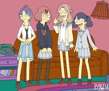 4girls ahoge asakura_toru black_hair black_necktie black_sweater blazer blue_cardigan brown_hair brown_pantyhose brown_shoes cardigan cardigan_around_waist closed_mouth clothes_around_waist collared_shirt commentary corded_phone couch english_commentary fangs fewer_digits fukumaru_koito gradient_hair grey_jacket grey_skirt hair_bun hair_ornament hairclip hand_up higuchi_madoka ichikawa_hinana idolmaster idolmaster_shiny_colors indoors jacket kurihachi lampshade long_sleeves looking_at_viewer matt_groening_(style) medium_hair mole mole_under_eye multicolored_hair multiple_girls necktie noctchill_(idolmaster) open_cardigan open_clothes open_collar open_mouth pantyhose parody parted_bangs phone pleated_skirt school_uniform shirt shoes short_hair single_side_bun skirt smile standing style_parody sweater swept_bangs the_simpsons twintails twitter_username white_shirt