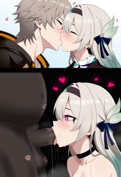 Rule 34 | 1girl, 2boys, absurdres, before and after, blush, breasts, cheating (relationship), choker, dark-skinned male, dark skin, fat, fat man, fellatio, firefly (honkai: star rail), french kiss, hair ribbon, happy, heart, heart-shaped pupils, highres, honkai: star rail, honkai (series), interracial, kiss, lipstick mark, long hair, looking at penis, lorddantesito, makeup, mascara, multicolored hair, multiple boys, naughty face, netorare, nude, oral, ribbon, runny makeup, saliva, saliva trail, symbol-shaped pupils, tongue, tongue out, white hair