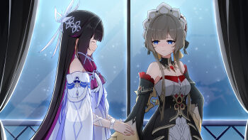 2girls absurdres angel_wings_hair_ornament bare_shoulders black_hair blue_eyes brown_hair closed_eyes closed_mouth colored_inner_hair columbina_(genshin_impact) commentary_request curtains dress genshin_impact gradient_hair hair_ornament highres holding_hands indoors long_hair looking_at_another multicolored_hair multiple_girls mxirony night pink_hair sandrone_(genshin_impact) sky smile white_dress window