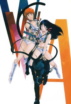 1980s_(style) 2girls black_hair boots bracelet breasts cat cleavage coeurl dirty_pair dirty_pair_(novels) gun jewelry kei_(dirty_pair_novels) knee_boots long_hair midriff mughi_(dirty_pair_novels) multiple_girls navel official_art oldschool orange_hair retro_artstyle riding short_hair tail thigh_strap weapon yasuhiko_yoshikazu yuri_(dirty_pair_novels)
