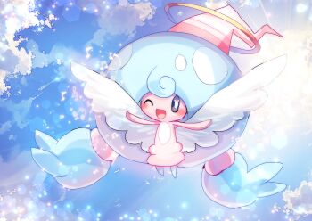 Rule 34 | 1girl, absurdly long hair, arms up, black sclera, blue hair, blue sky, blush, chisen maimai, cloud, colored sclera, colored skin, day, feathered wings, female focus, floating, full body, gen 8 pokemon, hair tie, happy, hat, hattrem, lens flare, light rays, long hair, looking to the side, musical note, nintendo, no feet, one eye closed, open mouth, outdoors, outstretched arms, pink hat, pink skin, pokemon, pokemon (creature), sideways glance, sky, smile, solo, spread arms, sun, treble clef, twintails, very long hair, white eyes, white wings, wings, wink