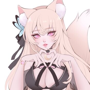 1girl absurdres aegyo_sal animal_ear_fluff animal_ears black_bra black_choker black_ribbon blonde_hair bra bracelet breasts butterfly_hair_ornament choker cleavage commission crescent_choker eyelashes eyeliner fingernails fox_ears fox_girl fox_tail gold_bracelet hair_ornament hair_ribbon heart heart_hands highres indie_virtual_youtuber jewelry large_breasts lipstick long_hair looking_at_viewer makeup making-of_available mila_choo mole mole_under_eye nail_polish parted_lips pink_eyes pink_lips pink_nails red_eyeliner ribbon simple_background solo suiika tail underwear upper_body virtual_youtuber white_background