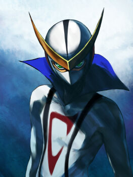 00s 1boy casshern casshern_(series) casshern_sins green_eyes helmet high_callor male_focus mask mayata robot_hunter_casshern solo