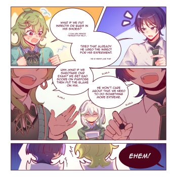 1boy 2girls ahoge alphastroo alternate_costume black_bodysuit blunt_ends blush bodysuit bow bowtie cardigan choppy_bangs clenched_hands closed_eyes collared_shirt collei_(genshin_impact) commentary contemporary english_text eyelashes facing_another genshin_impact gold_trim green_bow green_bowtie green_cardigan green_hair green_necktie green_shirt green_sweater hand_up highres holding holding_marker large_bow long_hair looking_at_another marker multicolored_hair multiple_girls nahida_(genshin_impact) necktie no_mouth notice_lines open_cardigan open_clothes open_hand open_mouth purple_eyes purple_hair scaramouche_(genshin_impact) school_uniform shaded_face shirt side_ponytail sidelocks speech_bubble streaked_hair sweatdrop sweater teeth turtleneck turtleneck_bodysuit twitching upper_teeth_only white_hair white_shirt