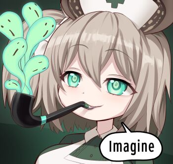 1girl animal_ears apron ariel_needs_legs breasts brown_hair collared_shirt commentary contrast_collar dress english_commentary green_dress green_eyes hair_between_eyes hat indie_virtual_youtuber jadf large_breasts medium_hair naplings_(nimi_nightmare) nimi_nightmare nimi_nightmare_(1st_costume) nurse_cap one_side_up parody shirt simple_background smile smoking smoking_pipe solo tapir_ears tapir_girl upper_body virtual_youtuber white_apron