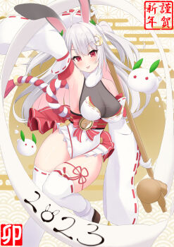 1girl 2023 absurdres animal_ears armpits bare_shoulders blush bow breasts chinese_zodiac cleavage colored_inner_hair covered_navel crescent crescent_hair_ornament detached_sleeves elegant_(sumisumi4268) flower_knot frilled_leotard frills gloves hair_ornament highres large_breasts leotard multicolored_hair new_year obi okobo original pink_bow pink_eyes pink_hair pink_sash platform_sandals playboy_bunny rabbit_ears sandals sash see-through_cleavage see-through_clothes slime solo thighhighs thighs twintails white_gloves white_hair white_leotard white_sleeves white_thighhighs wide_sleeves year_of_the_rabbit