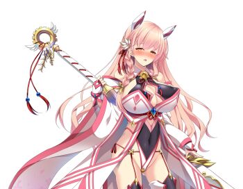 1girl bare_shoulders bell black_thighhighs blush braid breasts chikubi_(artist) cleavage cleavage_cutout clothing_cutout covered_erect_nipples covered_navel cowboy_shot detached_sleeves flower game_cg garter_straps gloves gluteal_fold hair_flower hair_ornament headgear highleg highleg_leotard holding holding_weapon huge_breasts japanese_clothes kusarou large_variant_set leotard long_hair looking_at_viewer magical_girl mahou_shoujo_inori morita_ouka non-web_source official_art open_mouth orange_eyes pink_hair ribbon side_braid solo staff standing thighhighs transparent_background variant_set weapon wide_sleeves yellow_eyes