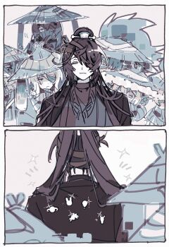 3girls 4boys absurdres animal_ears badge chinese_clothes closed_eyes closed_mouth coat cowlick don_quixote_(project_moon) family_hierarch_candidate_(identity)_(project_moon) faust_(project_moon) greyscale hanfu hat heathcliff_(project_moon) heishou_pack-mao_branch_(identity)_(project_moon) heishou_pack-si_branch_(identity)_(project_moon) heishou_pack-wei_branch_(identity)_(project_moon) heishou_pack-wu_branch_(identity)_(project_moon) heishou_pack-you_branch_(identity)_(project_moon) high_ponytail highres hong_lu_(project_moon) horizontal_pupils horns irkaoy limbus_company long_hair monochrome multiple_boys multiple_girls notice_lines open_mouth ponytail project_moon rabbit_ears rabbit_ornament rice_hat rodion_(project_moon) sheep_horns sinclair_(project_moon) smile sparkle split_ponytail sweat very_long_hair yi_sang_(project_moon)