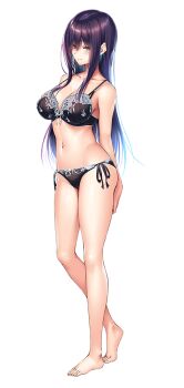 1girl amakano_2 arms_behind_back bare_arms bare_legs bare_shoulders barefoot black_bra black_panties blush bra breasts cleavage closed_mouth collarbone full_body green_eyes groin hair_between_eyes himiyama_rei large_breasts large_variant_set legs lingerie long_hair long_sidelocks looking_at_viewer navel official_art panties piromizu purple_hair side-tie_panties sidelocks simple_background smile solo standing stomach tachi-e thighs underwear variant_set white_background