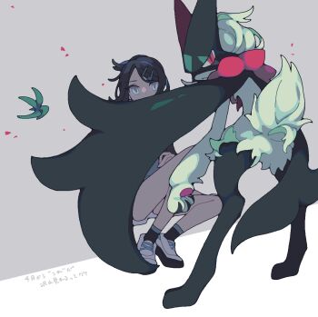 1girl 1other :&lt; animal_hands black_fur black_hair black_socks blue_eyes closed_mouth full_body furry green_fur grey_background hair_ornament hairclip half-closed_eyes hurousya_95 liko_(pokemon) looking_at_viewer meowscarada nintendo pawpads pink_eyes pokemon pokemon_(anime) pokemon_(creature) pokemon_horizons shoes short_hair short_tail simple_background sitting socks standing tail two-tone_fur white_shoes