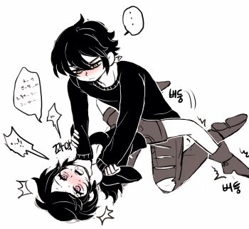 ! ... 1boy 1girl andrew_graves ashley_graves asphyxiation black_hair blush breasts brother_and_sister foaming_at_the_mouth green_eyes greyscale hetero highres incest korean_text long_sleeves medium_breasts monochrome open_mouth pants pink_eyes saliva shirt shorts siblings simple_background speech_bubble spoken_ellipsis spot_color strangling sweat sweater the_coffin_of_andy_and_leyley torn_clothes torn_pants watasi_tokimi