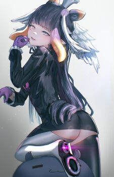 1girl absurdres advarcher ass black_boots black_dress blunt_bangs boots commentary crown dress feathered_wings frilled_sleeves frills gloves gradient_hair hand_up head_wings highres hololive hololive_english long_hair long_sleeves looking_at_viewer mini_crown mole mole_under_eye multicolored_hair ninomae_ina'nis open_mouth orange_hair pointy_ears purple_eyes purple_gloves purple_hair short_dress sidelocks solo tako_takover_(ninomae_ina'nis) takodachi_(ninomae_ina'nis) tentacle_hair thigh_boots tongue tongue_out very_long_hair virtual_youtuber white_boots white_wings wings
