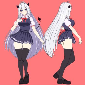 1girl 3d absurdres blue_eyes breasts demon_tail dress hand_on_own_chest highres horns indie_virtual_youtuber jjinomu large_breasts long_hair multiple_views pinafore_dress pink_background school_uniform silver_hair sleeveless sleeveless_dress smile standing tail thighhighs vei_(vtuber) vei_(vtuber)_(2nd_costume) very_long_hair virtual_youtuber