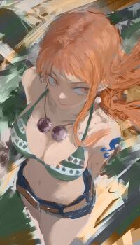 1girl adapted_costume bare_shoulders belt bikini bikini_top_only blue_shorts breasts brown_belt brush_stroke cleavage closed_mouth daodtt denim denim_shorts earrings eyewear_around_neck from_above green_bikini highres jewelry large_breasts long_hair looking_to_the_side nami_(one_piece) nami_(one_piece)_(return_to_sabaody) navel one_piece orange_eyes orange_hair short_shorts shorts shoulder_tattoo single_sidelock solo swimsuit tattoo traditional_media