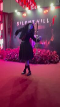 animated ayakakashi ayakakashi_(cosplay) bent_over black_eyes black_hair black_serafuku black_shirt black_skirt breasts cosplay expressionless hair_between_eyes highres japanese_(nationality) logo looking_at_another looking_at_viewer midriff navel neckerchief photo_(medium) photo_(object) real_life red_neckerchief rope rope_marks school_uniform serafuku shaded_face shirt short_hair silent_hill_(series) silent_hill_f skirt smile sound tagme torn_clothes torn_shirt torn_skirt underboob video walking