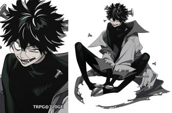 1boy artist_name black_hair coat colored_skin glasses grey_coat grey_skin highres multicolored_hair multiple_views nail_hair_ornament natsuo_(720ge) original oversized_clothes sanpaku sharp_teeth skinny stitches teeth torn_clothes turtleneck white_hair