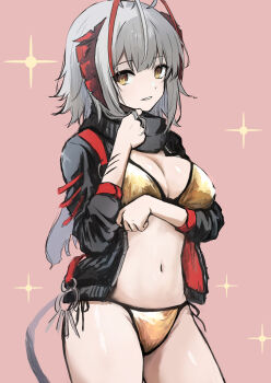 Rule 34 | 1girl, absurdres, alternate costume, antenna hair, arknights, arm under breasts, bikini, black jacket, breasts, commentary, cowboy shot, cross-shaped pupils, gold bikini, golden week, grey hair, highres, horns, inukaki11, jacket, large breasts, light smile, looking at viewer, material growth, navel, open clothes, open jacket, oripathy lesion (arknights), short hair, simple background, smile, solo, sparkle, sparkling aura, swimsuit, symbol-shaped pupils, w (arknights), yellow eyes