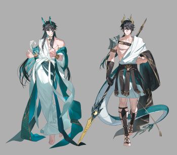 2boys absurdres alternate_costume ancient_greek_clothes armor barefoot black_hair blue_hair bracer colored_inner_hair commentary_request dan_heng_(honkai:_star_rail) dan_heng_(imbibitor_lunae)_(honkai:_star_rail) dan_heng_(permansor_terrae)_(honkai:_star_rail) dragon_boy dragon_horns dragon_tail dual_persona earrings eastern_dragon_horns expressionless full_body gladiator_sandals gloves greco-roman_clothes green_eyes grey_background highres holding holding_polearm holding_weapon honkai:_star_rail honkai_(series) horns hydrokinesis jewelry little_modao long_hair looking_at_viewer male_focus multicolored_hair multiple_boys pauldrons pointy_ears polearm robe sandals shoulder_armor simple_background single_earring single_glove single_pauldron spear tail water weapon white_robe