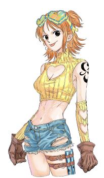 1girl :p aliasing alternate_costume alternate_hairstyle arm_tattoo bare_shoulders belt black_eyes breasts brown_gloves cleavage closed_mouth crop_top cropped_legs detached_sleeves earrings gloves goggles goggles_on_head heart heart-shaped_goggles heart_earrings highres jaggy_lines jewelry looking_at_viewer medium_breasts midriff nami_(one_piece) navel one_piece open-chest_sweater orange_hair short_hair short_shorts short_twintails shorts simple_background skindentation sktkah_7326 sleeveless sleeveless_turtleneck smile solo staff standing sweater tattoo thigh_belt thigh_strap tongue tongue_out torn_clothes torn_shorts turtleneck turtleneck_sweater twintails v-shaped_eyebrows white_background yellow_sweater