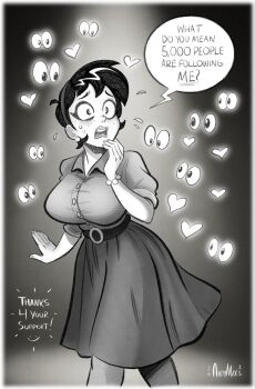 1girl andymax belt bracelet breasts collared_shirt disembodied_eye english_text greyscale heart highres jewelry large_breasts monochrome original outside_border pantyhose shirt short_hair signature skirt solo speech_bubble viola_delaine_(andymax)