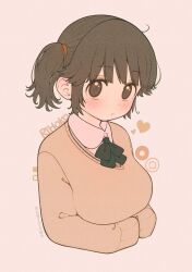 Rule 34 | 1girl, alternate hairstyle, amagami, arms under breasts, artist name, black bow, black bowtie, blouse, blush, bow, bowtie, brown eyes, brown hair, brown sweater, character name, circle, closed mouth, collared shirt, commentary, cropped torso, dot mouth, hair tie, heart, highres, kibito high school uniform, long sleeves, looking at viewer, looking back, looking to the side, loose hair strand, medium hair, messy hair, own hands together, paper texture, rabiyamarabi, romaji text, sakurai rihoko, school uniform, shirt, signature, sleeves past fingers, sleeves past wrists, solo, square, sweater, upturned eyes, white shirt