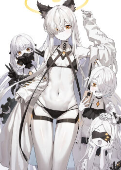 4girls :d absurdres alternate_costume animal_ear_fluff animal_ears arm_up armpits bandaged_hand bandages bare_legs bare_shoulders bikini black_bikini black_bow black_choker black_ribbon blindfold blue_archive blunt_ends bow breasts cat_ears cellphone choker closed_mouth coat collarbone colored_skin cowboy_shot detached_collar detached_sleeves double_v earpiece ein_(blue_archive) forehead gem gluteal_fold groin hair_intakes hair_over_one_eye hair_ribbon halo hand_on_another's_head hand_up hands_on_own_cheeks hands_on_own_face hands_up highres hip_bones holding holding_phone jacket kemonomimi_mode kokukyukeo lifting_own_clothes light_blush linea_alba long_bangs long_hair long_sidelocks long_sleeves looking_at_viewer malkuth_(blue_archive) mask mechanical_arms mechanical_tail medium_hair millennium_science_school_logo multiple_girls navel off-shoulder_bikini off_shoulder ohr_(blue_archive) open_clothes open_coat open_jacket open_mouth parted_bangs phone respirator ribbon ribs ruffle_bikini short_hair short_twintails siblings sidelocks simple_background sisters sleeves_past_wrists small_breasts smartphone smile sof_(blue_archive) squatting standing stomach swimsuit symbol-shaped_pupils tail teeth thigh_gap thigh_strap thighs tongue turtleneck twintails upper_teeth_only v very_long_hair white_background white_bikini white_bow white_coat white_jacket white_skin white_sleeves yellow_gemstone yellow_halo zipper zipper_pull_tab