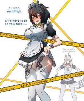 1boy 1girl absurdres animal_ears apron black_hair blush breasts cat_boy cat_ears cat_tail caution_tape clothes_lift cuffs dorahdew english_text garter_straps handcuffs highres large_breasts looking_down maid maid_apron maid_headdress open_mouth red_eyes red_hair seth_lowell skirt skirt_lift tail thighhighs thighs white_hair white_thighhighs zenless_zone_zero zhu_yuan
