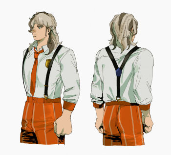 1boy arven_(pokemon) babuda black_suspenders blonde_hair blue_eyes brown_hair collared_shirt commentary_request cowboy_shot from_behind hair_over_one_eye long_hair long_sideburns looking_ahead male_focus multicolored_hair multiple_views muscular muscular_male naranja_academy_(emblem) naranja_academy_school_uniform necktie nintendo orange_necktie orange_pants pants pokemon pokemon_sv school_uniform shirt sideburns sleeve_cuffs striped_clothes striped_pants suspenders thick_eyebrows two-tone_hair vertical-striped_clothes vertical-striped_pants white_background