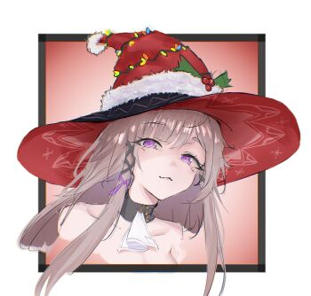 1girl ascot bare_shoulders black_choker choker commentary_request fur_trim fyrlia2 grey_hair hat herta_(honkai:_star_rail) highres honkai:_star_rail honkai_(series) long_hair looking_at_viewer portrait purple_eyes red_hat smile solo the_herta_(honkai:_star_rail) white_ascot