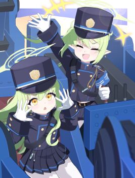 2girls :d armband black_hat blue_archive blue_armband closed_eyes fang gloves green_hair green_halo halo hat highres hikari_(blue_archive) homulily looking_at_viewer making_faces multiple_girls notice_lines nozomi_(blue_archive) open_mouth pantyhose peaked_cap pleated_skirt siblings sisters sitting skin_fang skirt smile train_conductor twins waving white_gloves white_pantyhose yellow_eyes