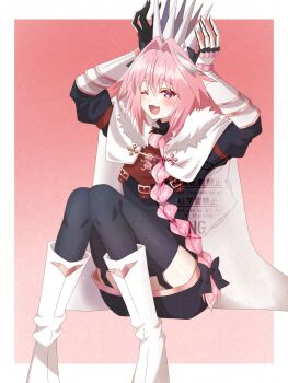 Rule 34 | 1boy, astolfo (fate), black bow, black dress, black thighhighs, blush, boots, border, bow, braid, braided ponytail, check commentary, cloak, commentary request, crossdressing, crossdressing (mtf), crown, dress, fang, fate/grand order, fate (series), fur-trimmed cloak, fur trim, gauntlets, grand servant (fate/grand order), hair bow, hair intakes, highres, knees together feet apart, long hair, male focus, multiple hair bows, one eye closed, open mouth, pink background, pink hair, puffy sleeves, purple eyes, putting on headwear, short dress, single hair streak, sitting, skin fang, solo, tanutika, thighhighs, trap, very long hair, watermark, white boots, white border, white cloak, white crown, white hair, zettai ryouiki