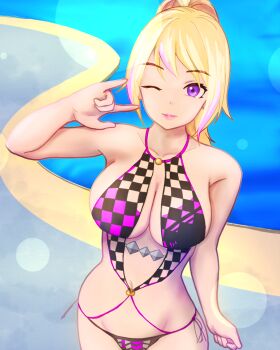 1girl \n/ blonde_hair breasts cleavage dead_or_alive dead_or_alive_xtreme dead_or_alive_xtreme_venus_vacation gyaru highres large_breasts looking_at_viewer multicolored_hair navel one-piece_swimsuit one_eye_closed ponytail poolside purple_eyes purple_one-piece_swimsuit streaked_hair swimsuit two-tone_hair yukino_(doa) yuu_(yu_level)