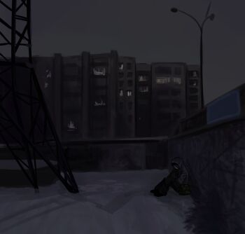 Rule 34 | 1boy, against wall, building, city, clear sky, cry of fear, grey hoodie, grey sky, highres, hood, hood up, hoodie, in-universe location, knees up, lamppost, male focus, outdoors, raykills, scenery, simon henriksson, sitting, sky, solo, transmission tower, wide shot