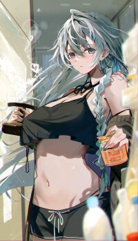 1girl absurdres bad_id bad_pixiv_id bare_shoulders black_jacket black_shirt black_shorts blue_eyes braid breasts camisole coffee_pot cowboy_shot crop_top crop_top_overhang earrings grey_hair halterneck highres holding jacket jewelry long_hair long_sleeves looking_at_viewer medium_breasts midriff navel off_shoulder open_clothes open_jacket original panties parted_lips shirt short_shorts shorts sleeveless sleeveless_shirt solo spaghetti_strap stomach strap_gap string_panties stud_earrings tomura2maru underboob underwear very_long_hair