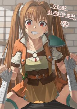 1boy 1girl armor assertive_female bandaged_arm bandages belt brown_hair commentary_request commission couple eiyuu_densetsu estelle_bright girl_on_top hair_intakes hetero holding_hands indoors joshua_bright long_hair pauldrons pov pov_hands red_eyes rourou_ill shoulder_armor single_pauldron skeb_commission smile sora_no_kiseki teeth twintails