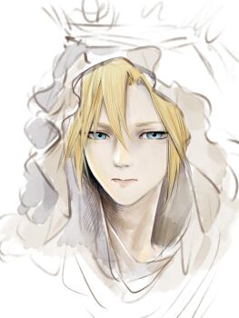 Rule 34 | 1boy, alternate costume, blonde hair, blue eyes, chinese commentary, closed mouth, cloud strife, commentary request, cropped shoulders, crossdressing, crossdressing (mtf), expressionless, final fantasy, final fantasy vii, hair between eyes, highres, hijab, lips, looking at viewer, male focus, pink lips, qianyimuthyimu, short hair, simple background, solo, thick eyebrows, veil, white background, white hijab, white veil