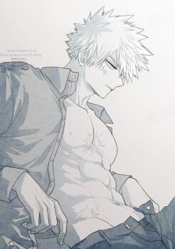 1boy abs bakugou_katsuki boku_no_hero_academia buttons closed_mouth collared_shirt commentary highres long_sleeves male_focus monochrome nipples open_clothes open_fly open_shirt oroshi_mi pants pectorals profile scar scar_on_chest scar_on_face shirt short_hair signature solo spiked_hair symbol-only_commentary upper_body watermark
