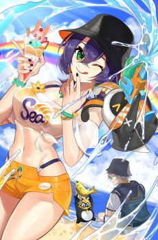 1boy 1girl :p ;p bangboo_(zenless_zone_zero) beach belle_(summer_skies)_(zenless_zone_zero) belle_(zenless_zone_zero) black_nails blue_hair blue_sky bucket_hat cloud commentary_request crop_top day eous_(zenless_zone_zero) fish food green_eyes grey_hair hat highres holding holding_food holding_ice_cream ice_cream looking_at_viewer navel ocean official_alternate_costume one_eye_closed orange_shorts outdoors penguinboo_(zenless_zone_zero) rainbow rickadd9 sand see-through_clothes shirt short_hair shorts sky smile swimsuit tied_shirt tongue tongue_out water white_shirt wise_(peaceful_waves)_(zenless_zone_zero) wise_(zenless_zone_zero) zenless_zone_zero