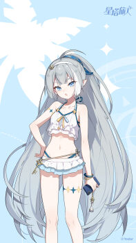 1girl :o ahoge bare_shoulders bikini bikini_skirt blue_background blue_eyes breasts cellphone chinese_commentary collarbone commentary_request copyright_logo extra_pupils feet_out_of_frame female_tyrant_(stella_sora) female_tyrant_(swimsuit)_(stella_sora) frilled_bikini frills grey_hair hairband halterneck highleg highleg_bikini highres holding holding_phone key layered_bikini logo long_hair navel official_alternate_costume official_art official_wallpaper open_mouth phone pointy_ears ponytail small_breasts smartphone solo standing stella_sora stomach swimsuit tyrant_(stella_sora) very_long_hair white_bikini white_hairband